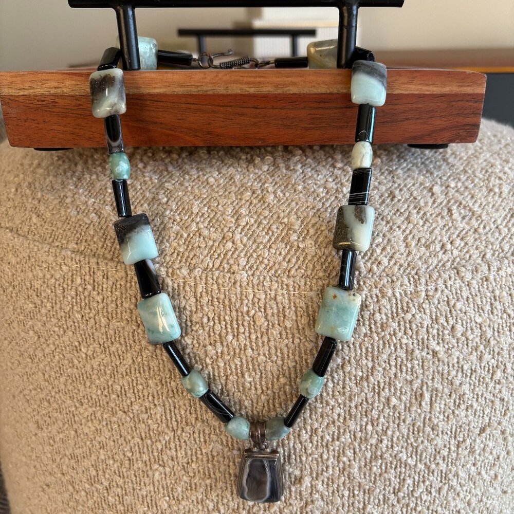 Artisan Stone Necklace in Black and Green Stone, 18"